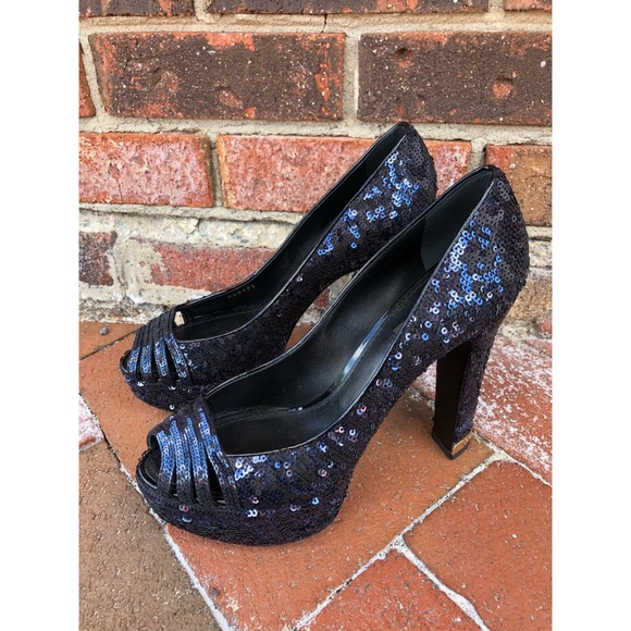 💥Louis Vuitton Navy Sequined Open Toe Heels - Picture 1 of 8